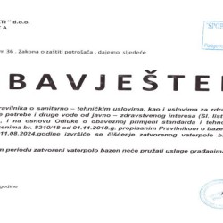 Obavještenje o zatvaranju zatvorenog vaterpolo bazena